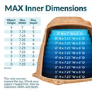 Infographic showing the maximum interior dimensions of a tall, tapered tan faux rock cover, with a cutaway view and blue measurement layers illustrating usable width and depth at heights from 0 to 9 inches. A sizing table explains how the rock narrows toward the top and helps customers determine proper fit by measuring their object's height, width, and depth.