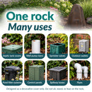 Dark brown faux rock utility cover displayed in a landscaped garden, with examples of eight uses: concealing septic tank covers, well pump risers, sprinkler valves, outdoor outlets, pond filter systems, control panels, spillway boxes, and pipes. Text notes the rock is decorative and should not be sat, stood, or leaned on.