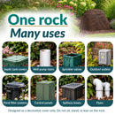 Infographic highlighting eight uses for a dark brown decorative faux rock cover, including hiding septic tank covers, well pump risers, sprinkler valves, outdoor outlets, pond filter systems, control panels, spillway boxes, and pipes. Text reads “One rock, Many uses” with a safety note advising against sitting, standing, or leaning on the rock.