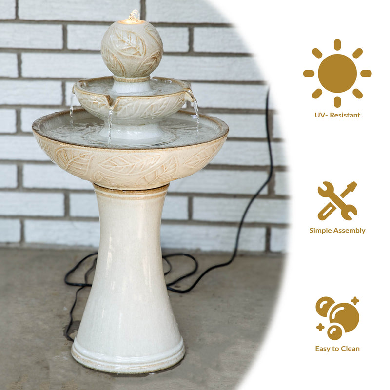 Sunnydaze Gentle Glow 2-Tier Ceramic Outdoor Fountain with LED Lights