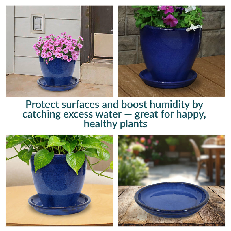 large indoor ceramic plant pots with saucers Sunnydaze Set of 4 Glazed Ceramic Planter Saucers - Imperial Blue