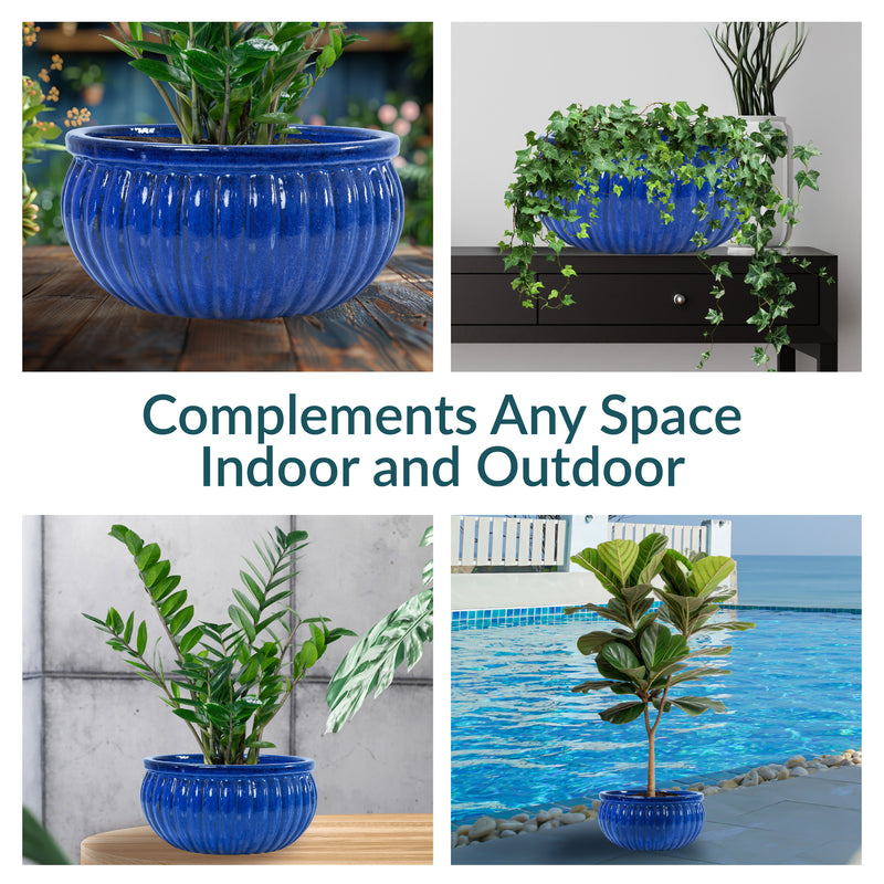 large blue indoor plant pot Sunnydaze Ribbed Glazed Ceramic Planter Bowl
