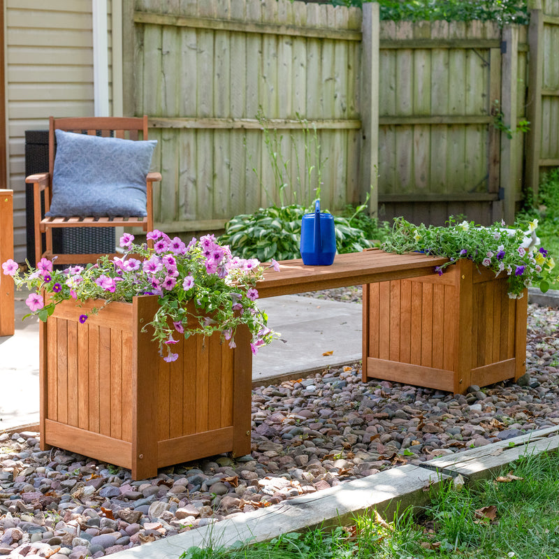 Sunnydaze Meranti Wood Outdoor Planter Box Bench with Teak Oil Finish - 68"