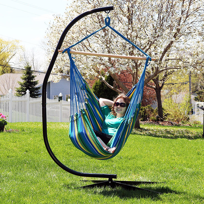 Sunnydaze Extra Large Outdoor Hanging Rope Hammock Chair Swing with C-Stand - Ocean Breeze