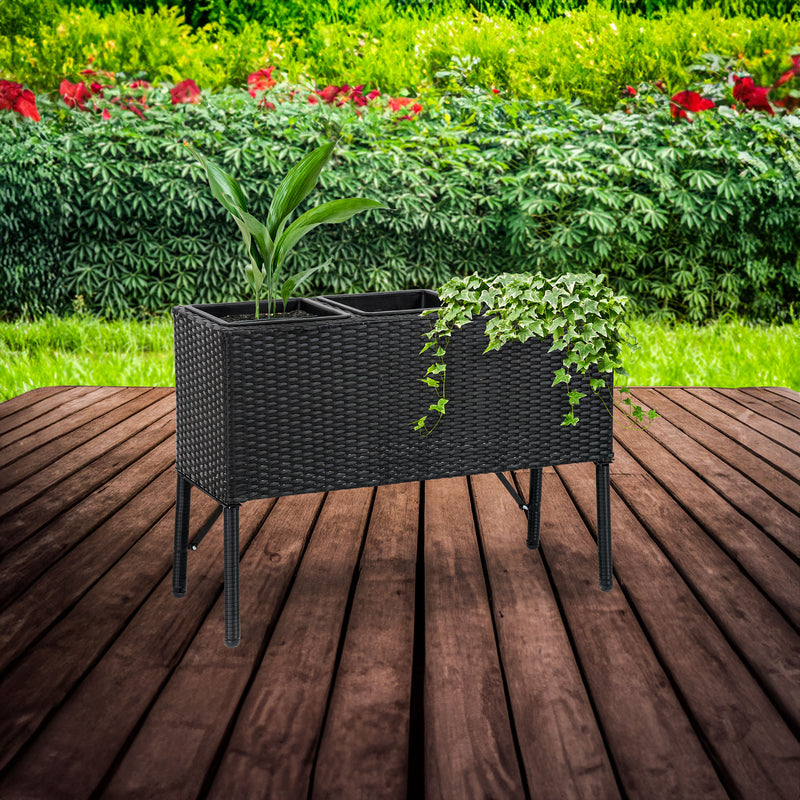 Sunnydaze 3-Section Wicker Raised Planter Box - Black