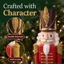 Red and green Kristoff Christmas Nutcracker shown in a festive holiday setting, highlighting durable polyresin construction and decorative gold accents on the hat and shoulders.