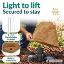 Infographic showing a lightweight, tall, tapered tan faux rock cover being lifted over a sprinkler valve in a landscaped garden. Text highlights its 1.6 lb weight, two included 12-inch metal stakes, and built-in stake holes for secure outdoor placement.