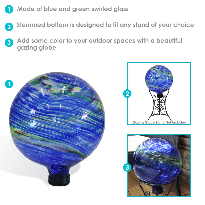 Blue swirl gazing globe with hints of green and red.