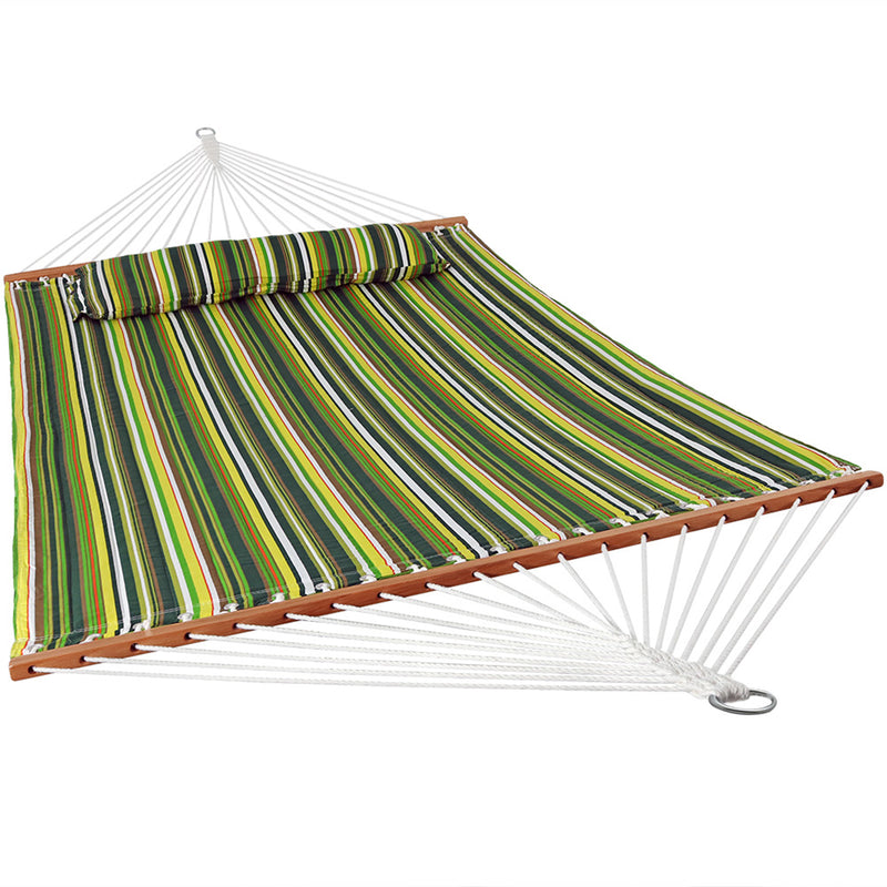 Sunnydaze Quilted Fabric Double Hammock with Pillow & Spreader Bars - Melon Stripe