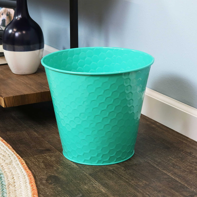 teal steel bucket with hexagon pattern