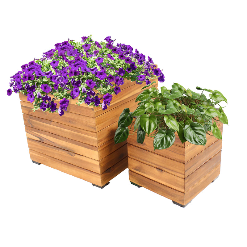 plastic box plants Sunnydaze Outdoor Square Acacia Wood Planter Box with Plastic Liner - 2pk