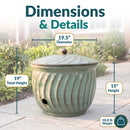 Decorative Metal Garden Hose Holder dimension image showing the overall measurements and hose access opening. The hose holder measures 19.5 inches in diameter by 19 inches high with the lid attached, or 15 inches high without the lid, and weighs 10.8 lbs. The side of the hose storage pot features a 1.75-inch diameter opening for easy connection of the garden hose to an outdoor spigot.