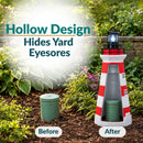 Infographic titled “Hollow Design Hides Yard Eyesores” showing a red and white lighthouse concealing a green outdoor utility pipe, with before-and-after images.