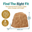 Flat-Top Artificial Garden Rock + Stakes dimension diagram showing the artificial boulder measuring 24.5 inches wide by 21 inches deep by 21.5 inches high and weighing 4.2 pounds. The included stakes each measure 1 inch wide by 12 inches high.