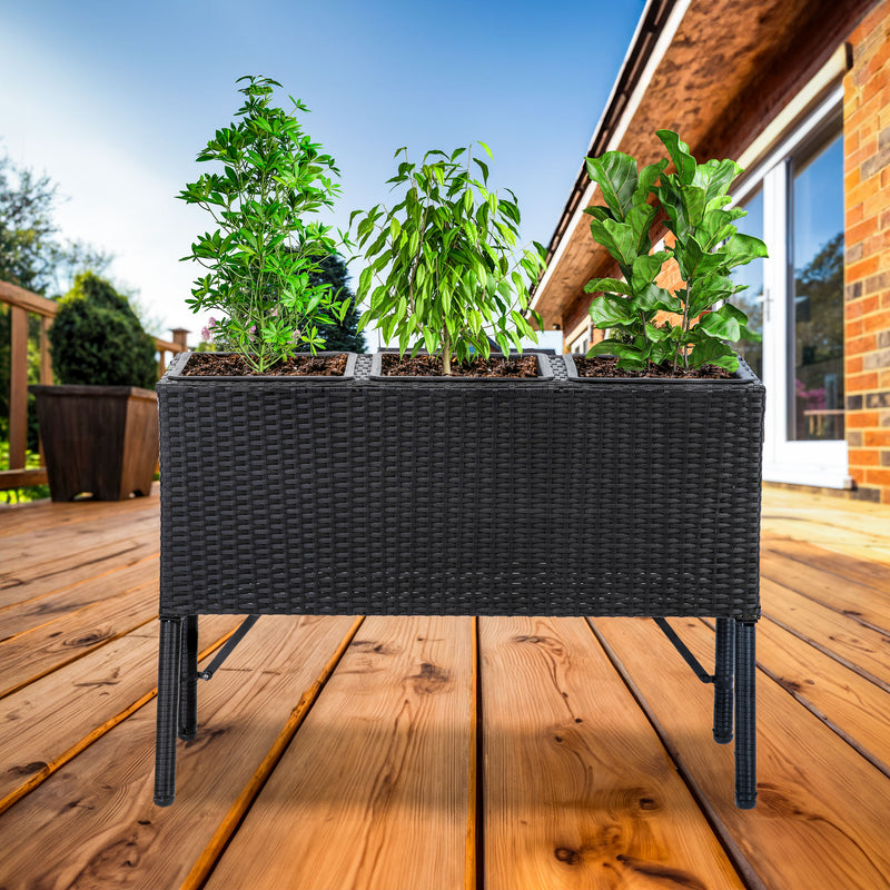 Sunnydaze 3-Section Wicker Raised Planter Box - Black