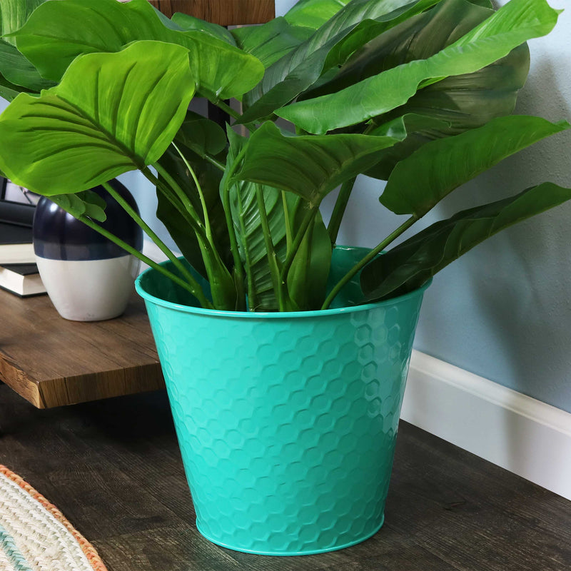 teal steel bucket with hexagon pattern