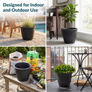 Sunnydaze 15.25-Inch Anjelica Large Plastic Pot for Plants - Outdoor Double-Walled Large Plastic Planter with Drillable Drainage Holes - Black. Designed for indoor and outdoor use, showing a range of imagery of the planter in different settings.
