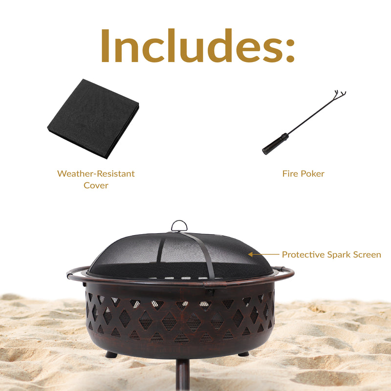 Sunnydaze Crossweave Wood-Burning Fire Pit with Spark Screen and Poker