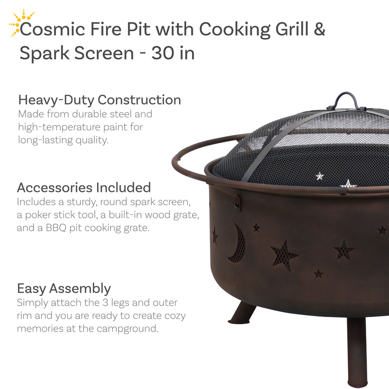 Sunnydaze 30" Cosmic Cooking Fire Pit with Grill Grate & Spark Screen