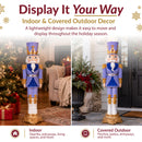 Indoor and covered outdoor display infographic featuring a purple, blue, white, and gold Christmas nutcracker shown in a decorated living room and a sheltered entryway, with callouts for indoor and covered outdoor placement.