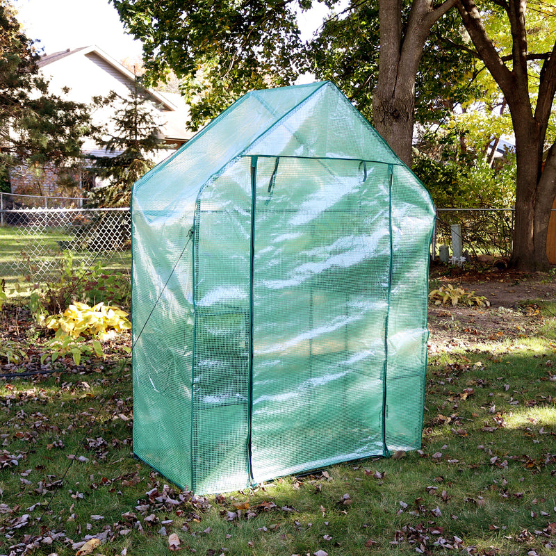 Sunnydaze Deluxe Walk-In Greenhouse with 4 Shelves for Outdoors - Green