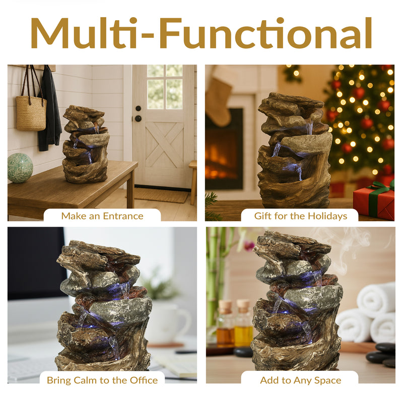 Sunnydaze Tiered Rock & Log Indoor Waterfall Fountain with LED Lights - 10"