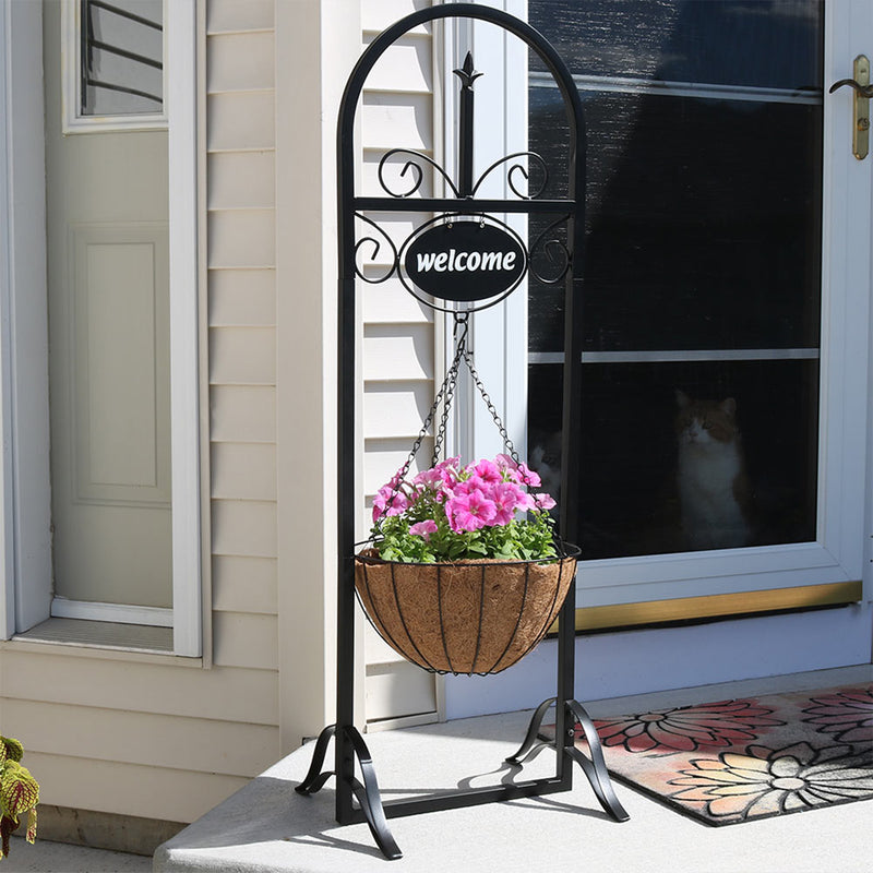 planter hanging stand Sunnydaze Decorative Welcome Sign and Hanging Basket Planter Stand