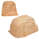 Two tan artificial landscape rocks in small and large sizes, featuring realistic natural stone textures, irregular shapes, and built-in stake holes, displayed on a white background.