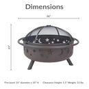 Dimensions graphic for the black Cosmic Fire Pit showing a 36-inch overall width, 23-inch height, 31-inch diameter by 10-inch-high fire bowl, 5.5-inch ground clearance, and 23-pound weight.
