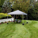 gray 10'x10' pop up canopy with white frame and sandbags