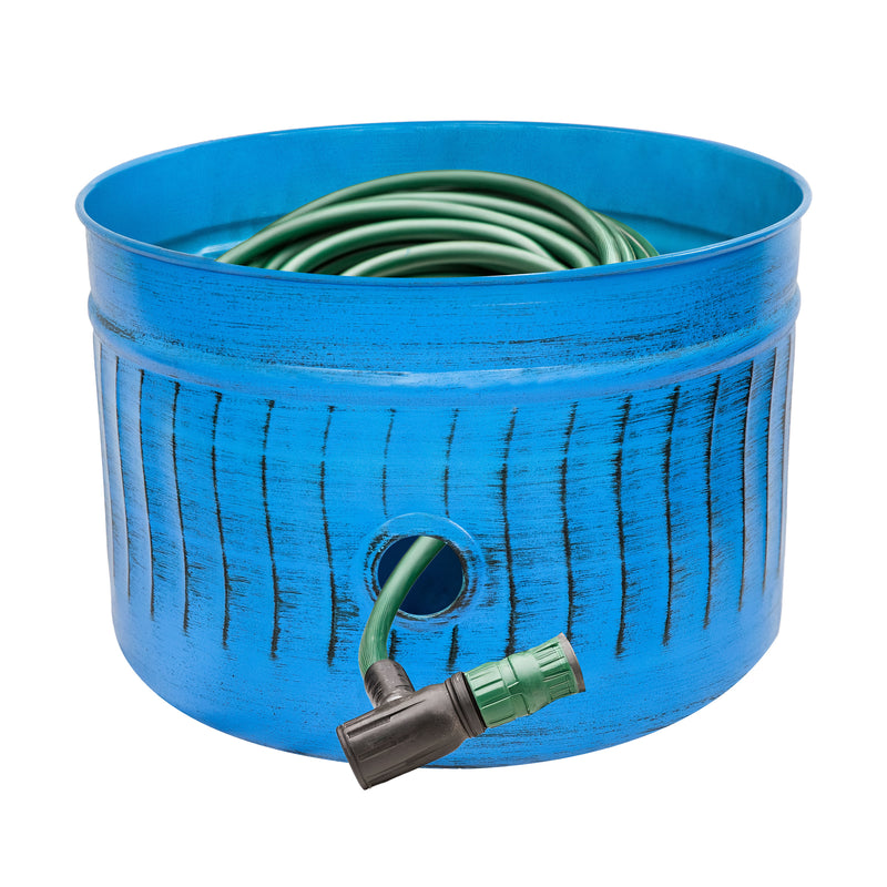 Sunnydaze Embossed Metal Garden Hose Holder Pot with Lid - Blue Patina