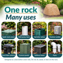 Infographic highlighting eight uses for a tan artificial landscape rock, including concealing septic tank covers, well pump risers, sprinkler valves, outdoor outlets, pond filters, control panels, spillway boxes, and pipes in landscaped outdoor areas.