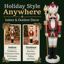 Red and green Christmas nutcracker king holding a gold scepter with “Holiday Style Anywhere” text, showing indoor and outdoor display settings for fireplaces, Christmas trees, entryways, porches, doorways, and patios.