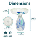 Dimensions diagram for the Mosaic Bloom Glass Bird Bath in indigo, measuring 22.25 inches tall with an 18-inch bowl diameter, 2.75-inch bowl height, and 8-inch base diameter. Holds 1.35 gallons and weighs 14.2 pounds.