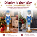 Indoor and covered outdoor display infographic featuring a blue, white, and gold Christmas nutcracker shown in a decorated living room and sheltered entryway, with callouts for indoor and covered outdoor placement.