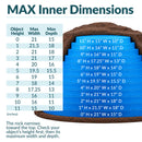 Infographic showing the maximum interior dimensions of a dark brown faux rock cover, with a cutaway view and blue measurement layers illustrating usable width and depth at heights from 0 to 11 inches. A sizing table and note explain that the rock narrows toward the top and recommend measuring the object's height, width, and depth to ensure proper fit.