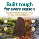 Dark brown faux rock utility cover displayed in a landscaped garden across changing seasons. Text highlights weather-resistant construction, including a crack- and fade-resistant shell, UV-resistant polyresin, rain and snow resistance, and durability in extreme heat and freeze-thaw conditions.