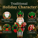 Green and red Christmas nutcracker holding a wreath and candy cane, with callouts highlighting weather-resistant polyresin, holly accents, wreath detail, and candy cane.