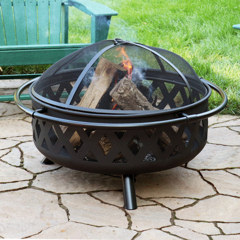 Sunnydaze Black Crossweave Wood Fire Pit with Cover, Spark Screen, Grate, and Poker