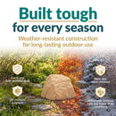 Lightweight tan faux-stone landscape cover with a realistic natural-rock texture, designed to conceal outdoor utilities and eyesores while blending naturally into garden landscaping.