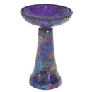 Crackled Glass Mosaic Bird Bath in iridescent purple featuring a shallow purple bowl and tapered pedestal with shimmering purple, blue, and multicolor crackled glass mosaic accents.