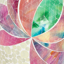 Close-up of the Mosaic Bloom Glass Bird Bath in rainbow, showing a colorful floral mosaic pattern with pink, orange, green, blue, and purple glass accents.