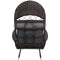 Back view of faux wicker egg chair with dark gray cushion.