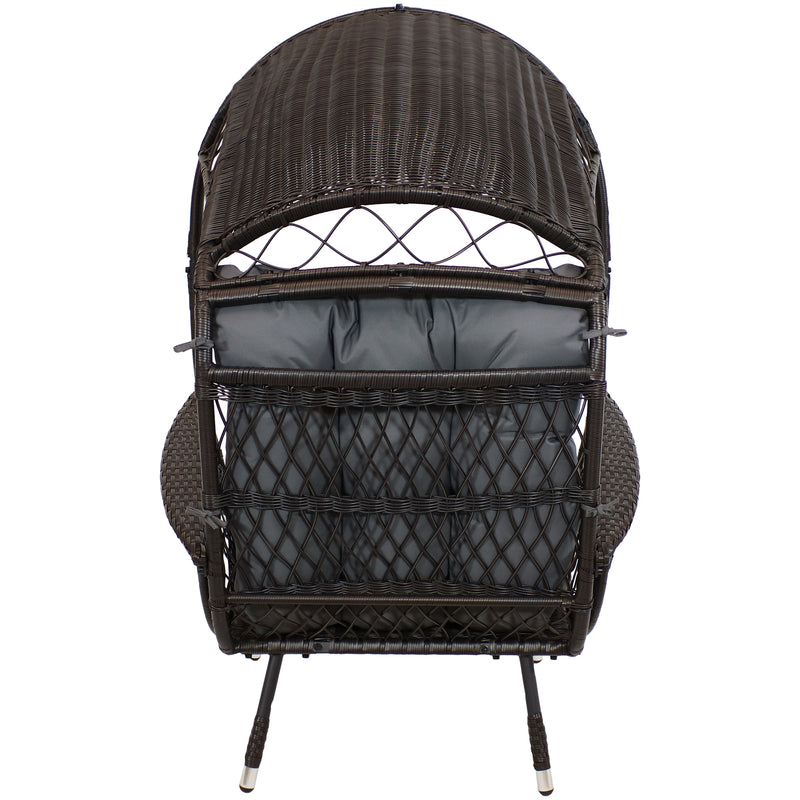 Back view of faux wicker egg chair with dark gray cushion.