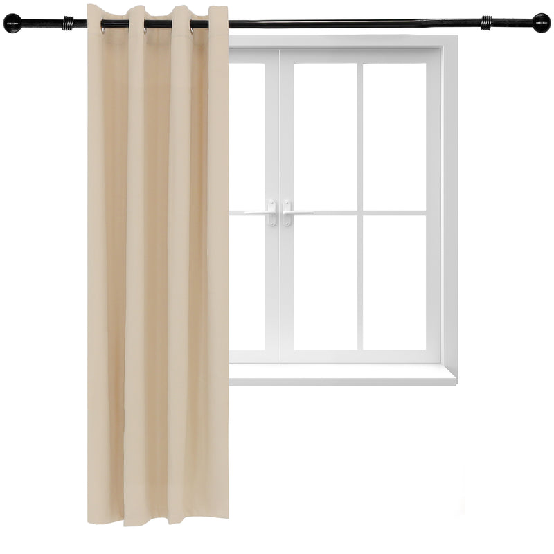 Beige curtain on a black curtain rod. 