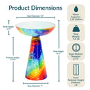 Product dimensions infographic for a colorful glass birdbath showing a 12-inch bowl diameter, 2.75-inch bowl height, 13.25-inch pedestal height, 16.5-inch total height, 7-inch base diameter, 1.35-gallon water capacity, 5.8-pound weight, and inner pedestal dimensions.