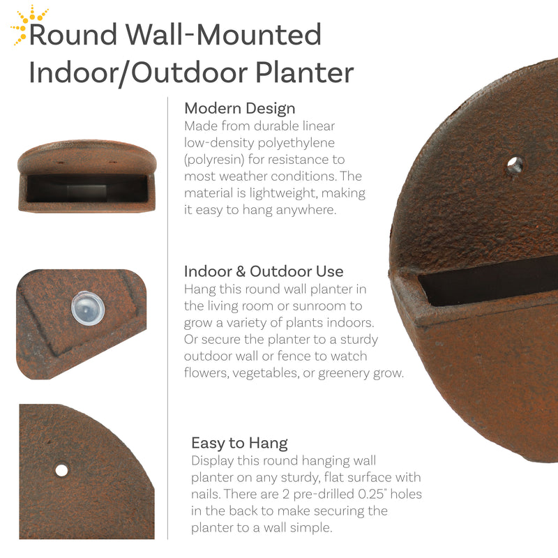 Sunnydaze Round Outdoor Wall Planter - Dark Brown - 12"