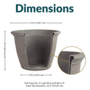 Light gray Sunnydaze Anjelica plastic planter, 15.25 in. diameter and 13 in. high, with dimensions shown.
