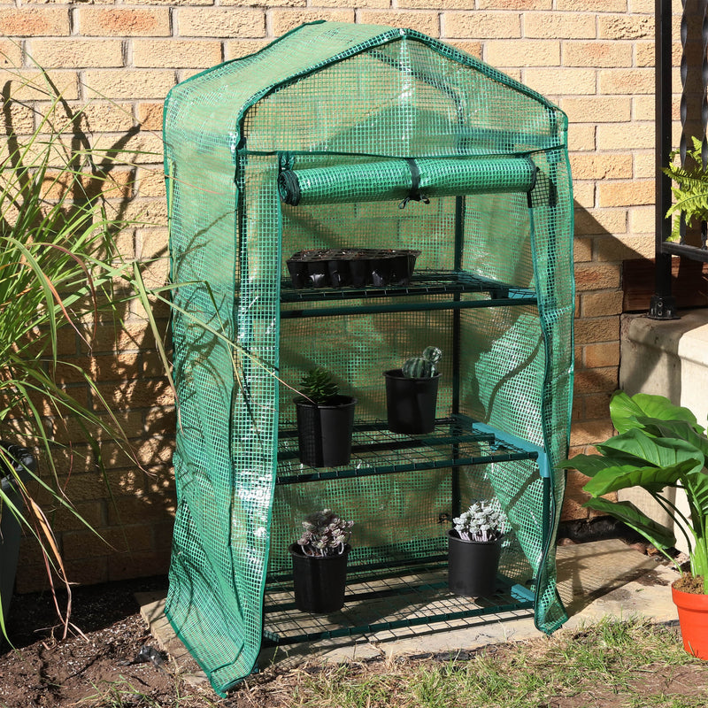 3 tier mini greenhouse with opened zipper door and green cover