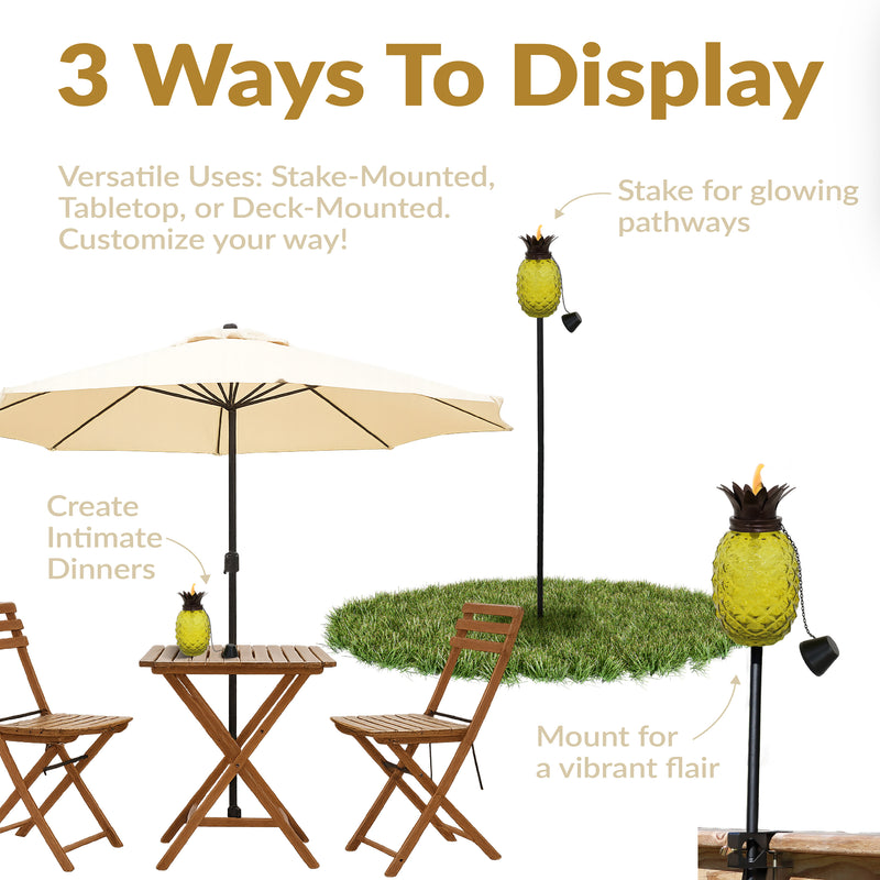 Sunnydaze Tropical Pineapple 3-in-1 Glass Outdoor Torches - Set of 2